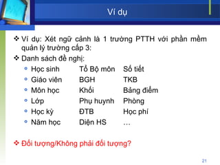 Ví dụ Ví dụ: Xét ngữ cảnh là 1 trường PTTH với phần mềm quản lý trường cấp 3: Danh sách đề nghị: Học sinh Tổ Bộ môn Số tiết Giáo viên BGH TKB Môn học Khối  Bảng điểm Lớp Phụ huynh Phòng Học kỳ ĐTB Học phí Năm học Diện HS … Đối tượng/Không phải đối tượng? 