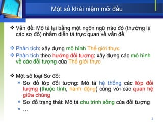 Một số khái niệm mở đầu Vấn đề: Mô tả lại bằng một ngôn ngữ nào đó (thường là các sơ đồ) nhằm diễn tả trực quan về vấn đề Phân tích : xây dựng  mô hình   Thế giới thực Phân tích  theo  hướng đối tượng : xây dựng các  mô hình về các đối tượng  của  Thế giới thực Một số loại Sơ đồ: Sơ đồ lớp đối tượng: Mô tả  hệ thống  các  lớp đối tượng  ( thuộc tính ,  hành động ) cùng với các  quan hệ giữa chúng Sơ đồ trạng thái: Mô tả  chu trình sống  của đối tượng … 