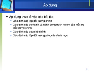 Áp dụng Áp dụng thực tế vào các bài tập  Xác định các lớp đối tượng chính Xác định các thông tin và hành động/trách nhiệm của mỗi lớp đối tượng chính Xác định các quan hệ chính Xác định các lớp đối tượng phụ, các danh mục 