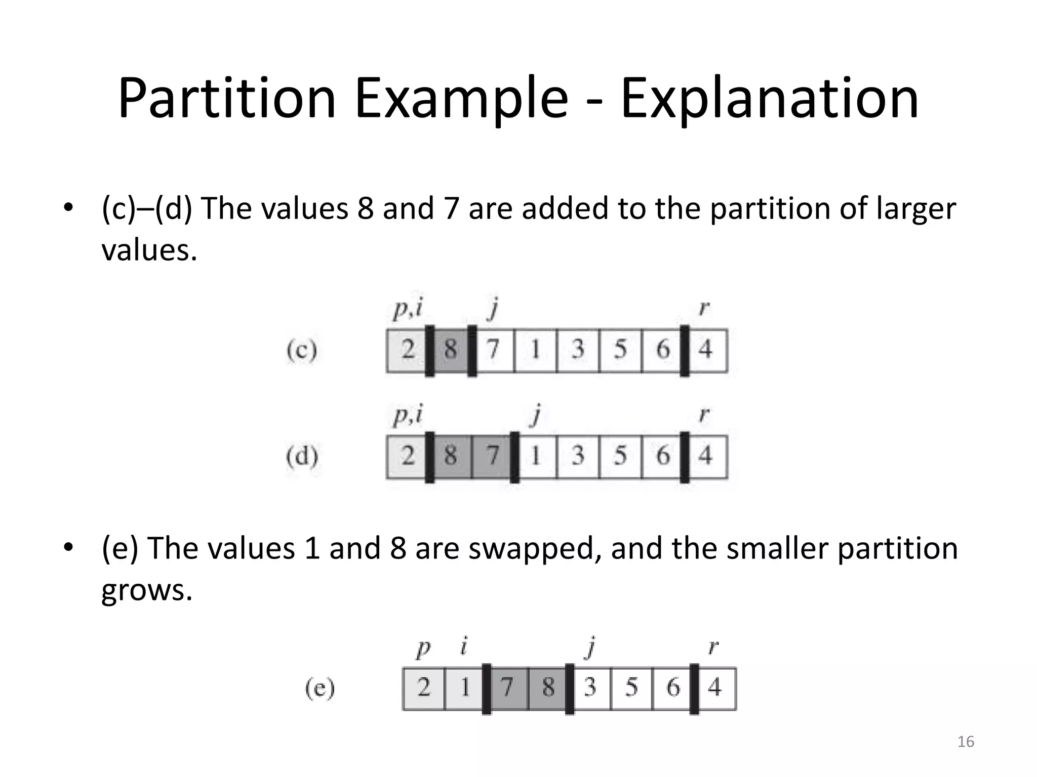 Partition Example - Explanation
• (c)–(d) The values 8 and 7 are added to the partition of larger
values.
• (e) The values 1 and 8 are swapped, and the smaller partition
grows.
16
 