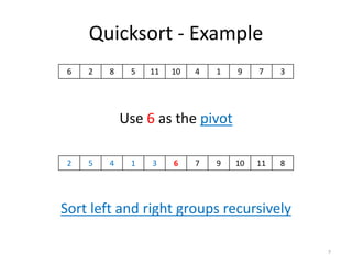 Quicksort - Example
Use 6 as the pivot
Sort left and right groups recursively
7
6 2 8 5 11 10 4 1 9 7 3
2 5 4 1 3 6 7 9 10 11 8
 