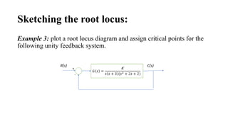Sketching the root locus:
Example 3: plot a root locus diagram and assign critical points for the
following unity feedback system.
 