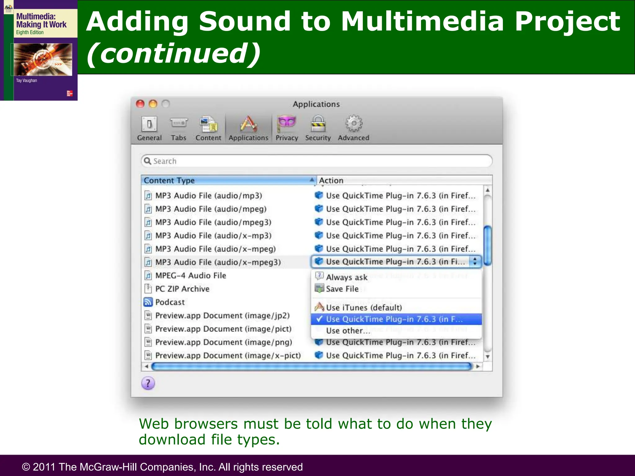 © 2011 The McGraw-Hill Companies, Inc. All rights reserved
Web browsers must be told what to do when they
download file types.
Adding Sound to Multimedia Project
(continued)
 