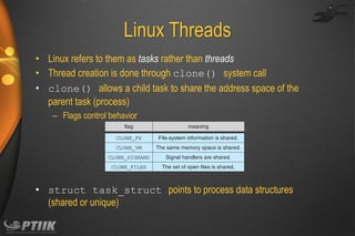 Linux Threads
• Linux refers to them as tasks rather than threads
• Thread creation is done through clone() system call
• clone() allows a child task to share the address space of the
parent task (process)
– Flags control behavior

• struct task_struct points to process data structures
(shared or unique)

 