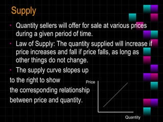 Supply Quantity sellers will offer for sale at various prices during a given period of time. Law of Supply: The quantity supplied will increase if price increases and fall if price falls, as long as other things do not change. The supply curve slopes up  to the right to show  the corresponding relationship  between price and quantity. Quantity Price 