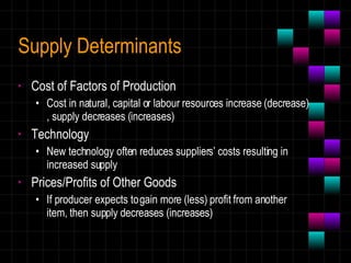 Supply Determinants Cost of Factors of Production Cost in natural, capital or labour resources increase (decrease) , supply decreases (increases) Technology New technology often reduces suppliers’ costs resulting in increased supply Prices/Profits of Other Goods If producer expects to gain more (less) profit from another item, then supply decreases (increases) 