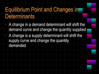 Equilibrium Point and Changes in Determinants A change in a demand determinant will shift the demand curve and change the quantity supplied A change is a supply determinant will shift the supply curve and change the quantity demanded. 