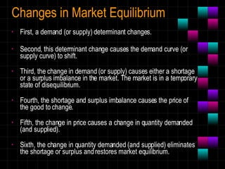 Changes   in   Market   Equilibrium First, a demand (or supply) determinant changes. Second, this determinant change causes the demand curve (or supply curve) to shift. Third, the change in demand (or supply) causes either a shortage or a surplus imbalance in the market. The market is in a temporary state of disequilibrium. Fourth, the shortage and surplus imbalance causes the price of the good to change. Fifth, the change in price causes a change in quantity demanded (and supplied). Sixth, the change in quantity demanded (and supplied) eliminates the shortage or surplus and restores market equilibrium. 