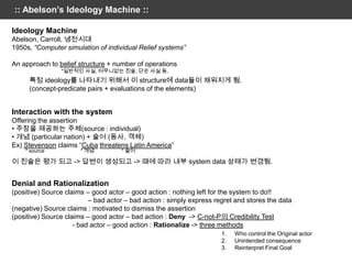 :: Abelson‟s Ideology Machine ::

Ideology Machine
Abelson, Carroll, 냉전시대
1950s, “Computer simulation of individual Relief systems”

An approach to belief structure + number of operations
                *일반적인 사실, 터무니없는 진술, 단순 사실 등.
     특정 ideology를 나타내기 위해서 이 structure에 data들이 채워지게 됨.
     (concept-predicate pairs + evaluations of the elements)


Interaction with the system
Offering the assertion
• 주장을 제공하는 주체(source : individual)
• 개념 (particular nation) + 술어 (동사, 객체)
Ex) Stevenson claims “Cuba threatens Latin America”
    * source           * 개념         * 술어

이 진술은 평가 되고 -> 답변이 생성되고 -> 때에 따라 내부 system data 상태가 변경됨.


Denial and Rationalization
(positive) Source claims – good actor – good action : nothing left for the system to do!!
                          – bad actor – bad action : simply express regret and stores the data
(negative) Source claims : motivated to dismiss the assertion
(positive) Source claims – good actor – bad action : Deny -> C-not-P의 Credibility Test
                     - bad actor – good action : Rationalize -> three methods
                                                                      1.   Who control the Original actor
                                                                      2.   Unintended consequence
                                                                      3.   Reinterpret Final Goal
 