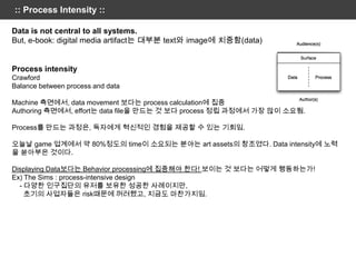 :: Process Intensity ::

Data is not central to all systems.
But, e-book: digital media artifact는 대부분 text와 image에 치중함(data)


Process intensity
Crawford
Balance between process and data

Machine 측면에서, data movement 보다는 process calculation에 집중
Authoring 측면에서, effort는 data file을 만드는 것 보다 process 정립 과정에서 가장 많이 소요됨.

Process를 만드는 과정은, 독자에게 혁신적인 경험을 제공할 수 있는 기회임.

오늘날 game 업계에서 약 80%정도의 time이 소요되는 분야는 art assets의 창조였다. Data intensity에 노력
을 쏟아부은 것이다.

Displaying Data보다는 Behavior processing에 집중해야 한다! 보이는 것 보다는 어떻게 행동하는가!
Ex) The Sims : process-intensive design
  - 다양한 인구집단의 유저를 보유한 성공한 사례이지만,
    초기의 사업자들은 risk때문에 꺼려했고, 지금도 마찬가지임.
 