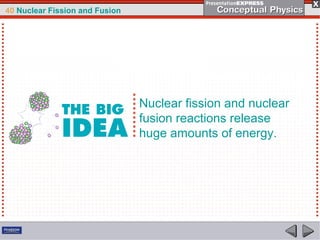 40 Nuclear Fission and Fusion
Nuclear fission and nuclear
fusion reactions release
huge amounts of energy.
 