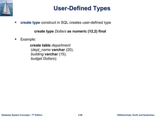 ©Silberschatz, Korth and Sudarshan
4.48
Database System Concepts - 7th Edition
User-Defined Types
 create type construct in SQL creates user-defined type
create type Dollars as numeric (12,2) final
 Example:
create table department
(dept_name varchar (20),
building varchar (15),
budget Dollars);
 