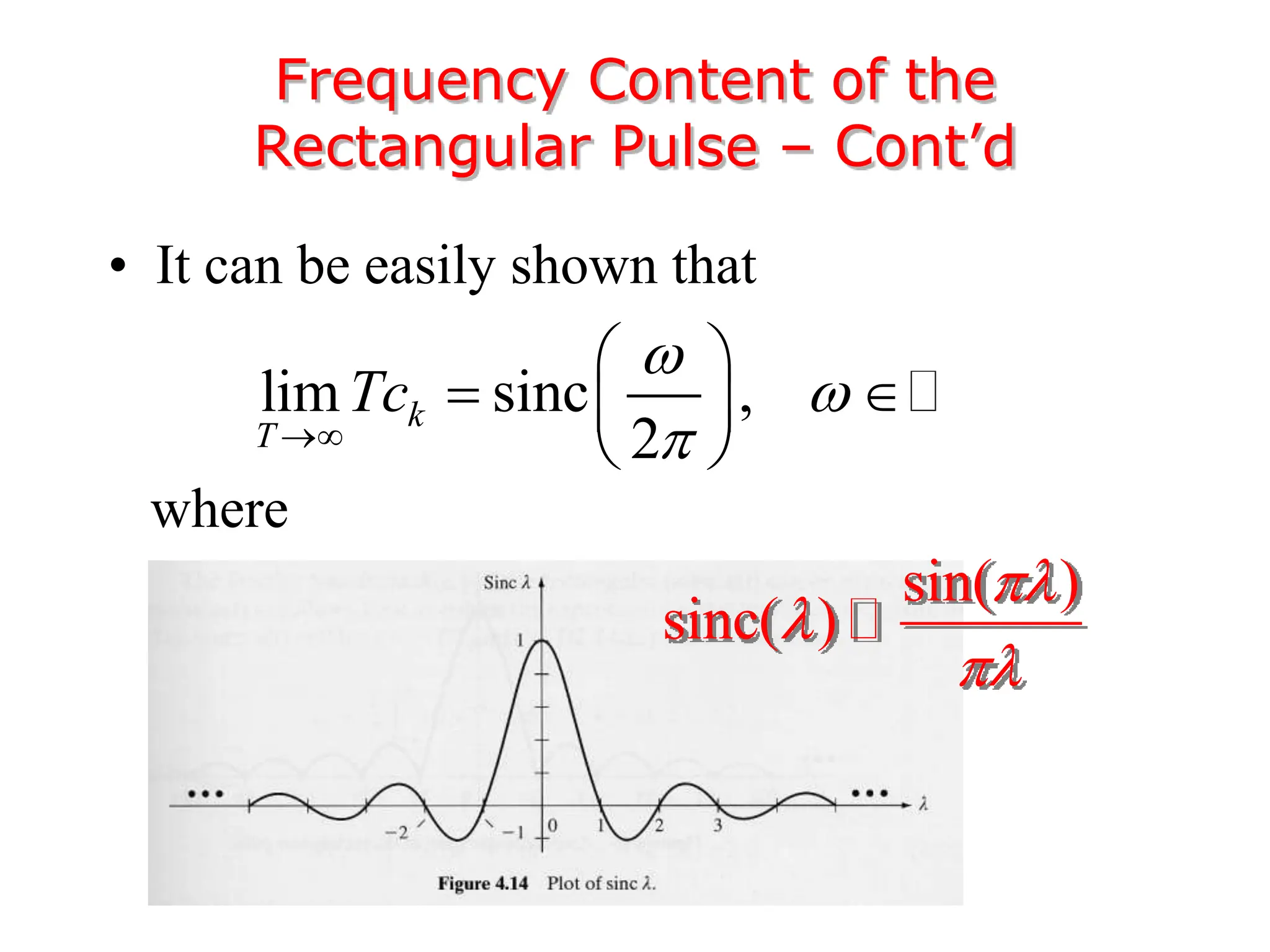 • It can be easily shown that
where
Frequency Content of the
Rectangular Pulse – Cont’d
lim sinc ,
2
k
T
Tc




 
 
 
 
sin( )
sinc( )



 