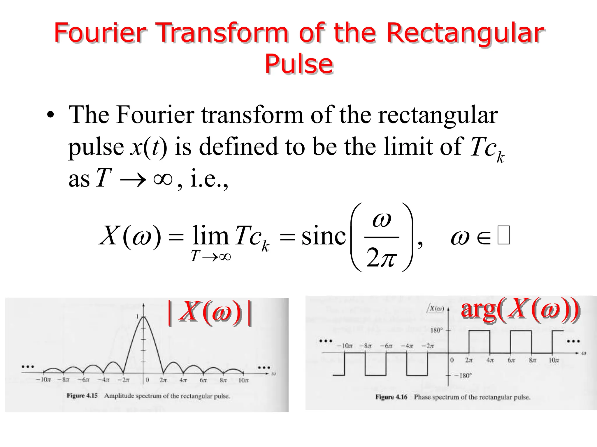 • The Fourier transform of the rectangular
pulse x(t) is defined to be the limit of
as , i.e.,
Fourier Transform of the Rectangular
Pulse
( ) lim sinc ,
2
k
T
X Tc

 


 
  
 
 
k
Tc
T  
| ( ) |
X  arg( ( ))
X 
 
