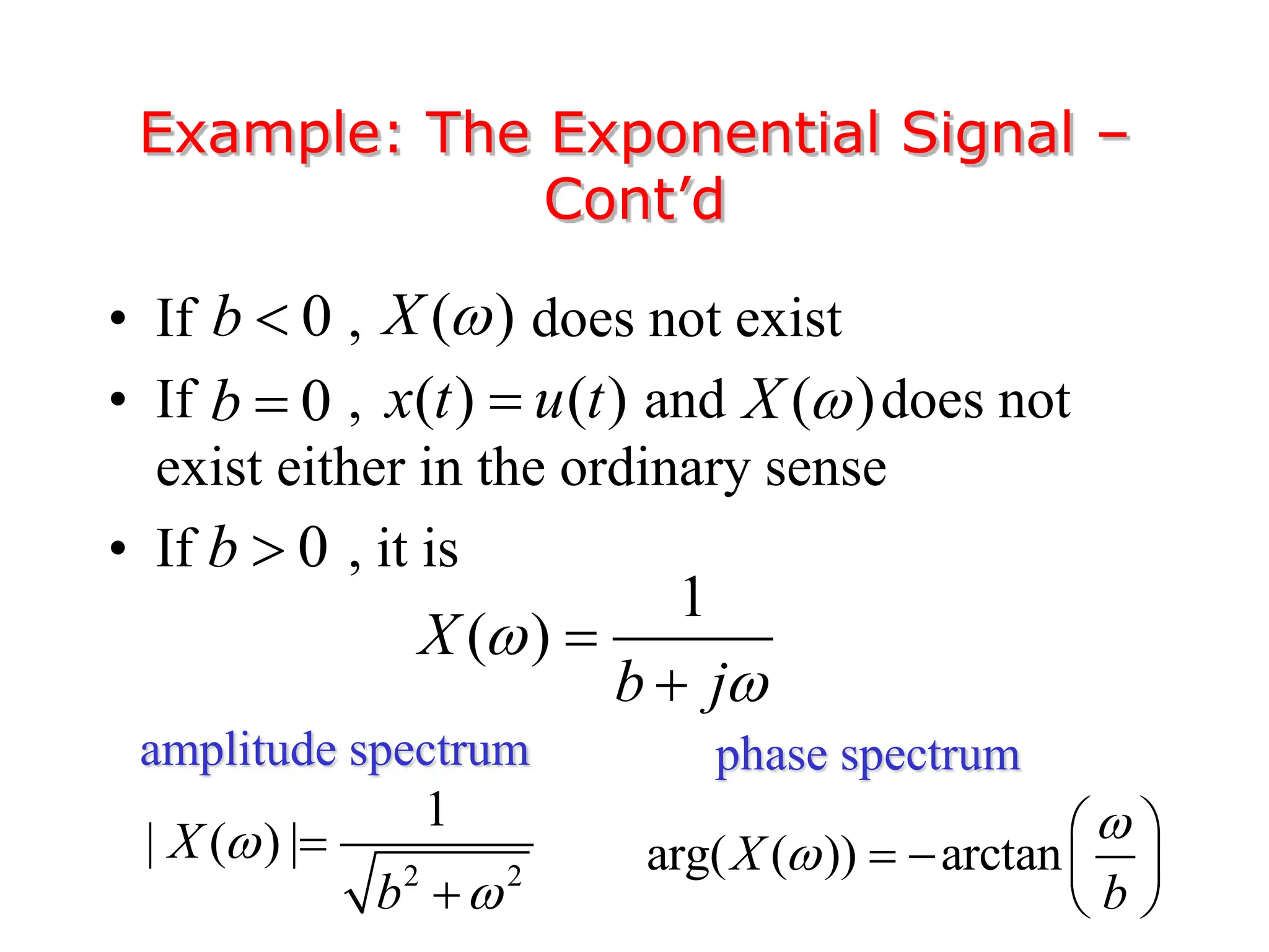 • If , does not exist
• If , and does not
exist either in the ordinary sense
• If , it is
Example: The Exponential Signal –
Cont’d
0
b  ( )
X 
0
b  ( ) ( )
x t u t
 ( )
X 
0
b 
1
( )
X
b j




2 2
1
| ( ) |
X
b




amplitude spectrum
arg( ( )) arctan
X
b


 
   
 
phase spectrum
 