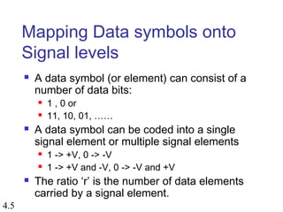 4.5
Mapping Data symbols onto
Signal levels
 A data symbol (or element) can consist of a
number of data bits:
 1 , 0 or
 11, 10, 01, ……
 A data symbol can be coded into a single
signal element or multiple signal elements
 1 -> +V, 0 -> -V
 1 -> +V and -V, 0 -> -V and +V
 The ratio ‘r’ is the number of data elements
carried by a signal element.
 