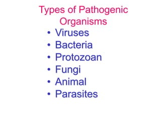 Types of Pathogenic 
Organisms 
• Viruses 
• Bacteria 
• Protozoan 
• Fungi 
• Animal 
• Parasites 
 