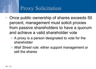 Proxy Solicitation
v   Once public ownership of shares exceeds 50
    percent, management must solicit proxies
    from passive shareholders to have a quorum
    and achieve a valid shareholder vote
      w A proxy is a person designated to vote for the
        shareholder
      w Wall Street rule: either support management or
        sell the shares



43 - 13
 