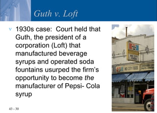 Guth v. Loft
v   1930s case: Court held that
    Guth, the president of a
    corporation (Loft) that
    manufactured beverage
    syrups and operated soda
    fountains usurped the firm’s
    opportunity to become the
    manufacturer of Pepsi- Cola
    syrup

43 - 30
 