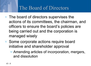 The Board of Directors
v   The board of directors supervises the
    actions of its committees, the chairman, and
    officers to ensure the board’s policies are
    being carried out and the corporation is
    managed wisely
v   Some corporate actions require board
    initiative and shareholder approval
     w Amending    articles of incorporation, mergers,
         and dissolution
43 - 8
 