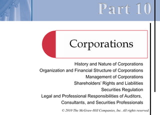History and Nature of Corporations
Organization and Financial Structure of Corporations
                       Management of Corporations
                 Shareholders’ Rights and Liabilities
                               Securities Regulation
 Legal and Professional Responsibilities of Auditors,
           Consultants, and Securities Professionals
           © 2010 The McGraw-Hill Companies, Inc. All rights reserved.
 