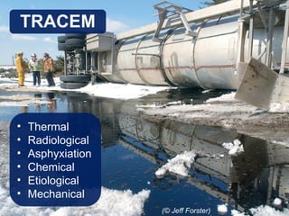 • Thermal
• Radiological
• Asphyxiation
• Chemical
• Etiological
• Mechanical
TRACEM
(© Jeff Forster)
 