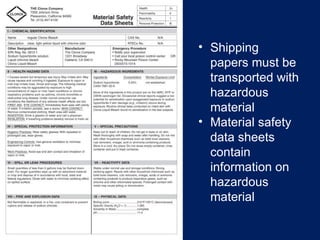 • Shipping
papers must be
transported with
hazardous
material
• Material safety
data sheets
contain
information on
hazardous
material
 