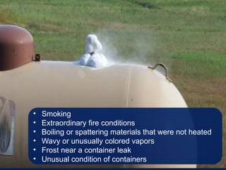 • Smoking
• Extraordinary fire conditions
• Boiling or spattering materials that were not heated
• Wavy or unusually colored vapors
• Frost near a container leak
• Unusual condition of containers
 