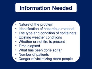Information Needed
• Nature of the problem
• Identification of hazardous material
• The type and condition of containers
• Existing weather conditions
• Whether or not fire is present
• Time elapsed
• What has been done so far
• Number of patients
• Danger of victimizing more people
 