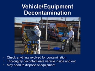 • Check anything involved for contamination
• Thoroughly decontaminate vehicle inside and out
• May need to dispose of equipment
Vehicle/Equipment
Decontamination
 