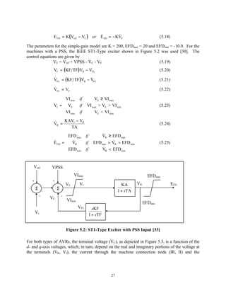 E FD = K(Vref − VC ) or E FD = − KVC
                                        &         &                                       (5.18)

The parameters for the simple-gain model are K = 200, EFDmax = 20 and EFDmin = -10.0. For the
machines with a PSS, the IEEE ST1-Type exciter shown in Figure 5.2 was used [30]. The
control equations are given by
               VE = Vref + VPSS - VC - VF                              (5.19)
                VF = (KF TF )VR − VFL                                                     (5.20)

                VFL = (KF TF )VR − VFL
                &                                                                         (5.21)
                &
                VFL = VF                                                                  (5.22)

                     VI max        if         VE ≥ VI max
                     
                VI =  VE           if     VI max > VE > VI min                           (5.23)
                      VI
                      min          if         VE < VI min

                &    KAVI − VR
                VR =                                                                      (5.24)
                       TA
                          EFD max        if          &
                                                     VR ≥ EFD max
                &          &                              &
                E FD    =  VR            if     EFD max > VR > EFD min                   (5.25)
                           EFD           if          &
                                                     V < EFD
                               min                      R         min




    Vref       VPSS
                                 VImax                                             EFDmax
   +            +
                            VE      VI                              KA      VR                     EFD
       Σ            Σ                                             1 + sTA
           -            -
               VF
                            VImin
                                                                                 EFDmin
                                    VFL          sKF
       Vc
                                               1 + sTF


                            Figure 5.2: ST1-Type Exciter with PSS Input [33]

For both types of AVRs, the terminal voltage (VC), as depicted in Figure 5.3, is a function of the
d- and q-axis voltages, which, in turn, depend on the real and imaginary portions of the voltage at
the terminals (VR, VI), the current through the machine connection node (IR, II) and the




                                                             27
 