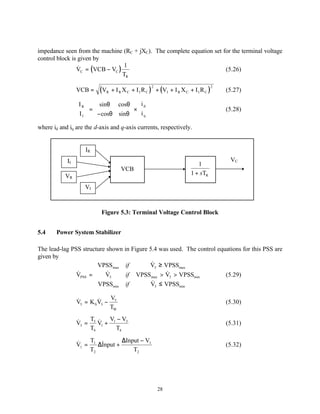 impedance seen from the machine (RC + jXC). The complete equation set for the terminal voltage
control block is given by
                VC = ( VCB − VC )
                 &                1
                                                                       (5.26)
                                  TR

                           (VR + I R X C + I I R C )       + (VI + I R X C + I I R C )
                                                       2                                 2
                 VCB =                                                                       (5.27)

                 I R     sinθ cosθ  i d 
                 I  =   − cosθ sinθ  × i                                               (5.28)
                  I                   q
where id and iq are the d-axis and q-axis currents, respectively.


                    IR
            II                                                                                VC
                                                                               1
                                     VCB
           VR                                                               1 + sTR

                    VI



                            Figure 5.3: Terminal Voltage Control Block


5.4    Power System Stabilizer

The lead-lag PSS structure shown in Figure 5.4 was used. The control equations for this PSS are
given by
                      VPSSmax if           &
                                           V5 ≥ VPSSmax
               &       &                        &
               VPSS =  V5        if VPSSmax > V5 > VPSSmin             (5.29)
                       VPSS      if        & ≤ VPSS
                                           V5
                            min                      min



                 &        &   V
                 V5 = K S V3 − 5                                                             (5.30)
                              TW

                 &   T & V − V3
                 V3 = 3 V1 + 1                                                               (5.31)
                     T4        T4
                     T           ∆Input − V1
                 V1 = 1 ∆&
                 &       Input +                                                             (5.32)
                     T2              T2




                                                           28
 