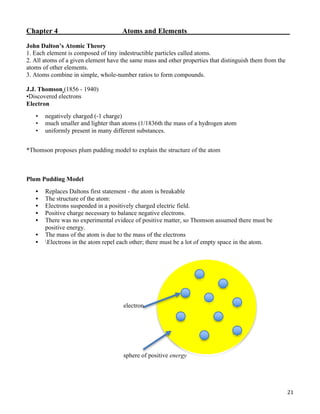 21	
Chapter 4 Atoms and Elements
John Dalton’s Atomic Theory
1. Each element is composed of tiny indestructible particles called atoms.
2. All atoms of a given element have the same mass and other properties that distinguish them from the
atoms of other elements.
3. Atoms combine in simple, whole-number ratios to form compounds.
J.J. Thomson (1856 - 1940)
•Discovered electrons
Electron
• negatively charged (-1 charge)
• much smaller and lighter than atoms (1/1836th the mass of a hydrogen atom
• uniformly present in many different substances.
*Thomson proposes plum pudding model to explain the structure of the atom
Plum Pudding Model
• Replaces Daltons first statement - the atom is breakable
• The structure of the atom:
• Electrons suspended in a positively charged electric field.
• Positive charge necessary to balance negative electrons.
• There was no experimental evidece of positive matter, so Thomson assumed there must be
positive energy.
• The mass of the atom is due to the mass of the electrons
• Electrons in the atom repel each other; there must be a lot of empty space in the atom.
	
	
	
electron
sphere of positive energy
 