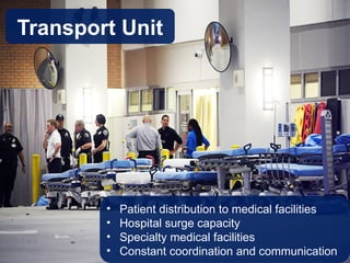 • Patient distribution to medical facilities
• Hospital surge capacity
• Specialty medical facilities
• Constant coordination and communication
Transport Unit
 