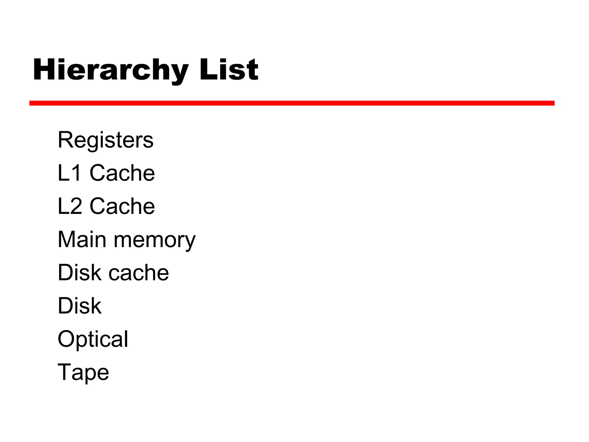 Hierarchy List
Registers
L1 Cache
L2 Cache
Main memory
Disk cache
Disk
Optical
Tape
 