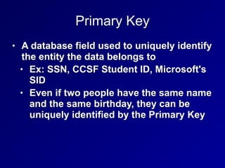 Primary Key
• A database field used to uniquely identify
the entity the data belongs to
• Ex: SSN, CCSF Student ID, Microsoft's
SID
• Even if two people have the same name
and the same birthday, they can be
uniquely identified by the Primary Key
 