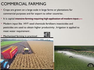 COMMERCIAL FARMING
• Crops are grown on a large scale in large farms or plantations for
commercial purposes and for export to other countries .
• It is capital intensive farming requiring high application of modern input .
• Modern input like HVY seed chemicals fertilizers insecticides and
pesticides are used to obtain higher productivity . Irrigation is applied to
meet water requirement .
• Mechanized farming is practiced .
 