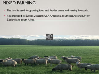 MIXED FARMING
• The land is used for growing food and fodder crops and rearing livestock .
• It is practiced In Europe , eastern USA Argentina .southeast Australia, New
Zealand and south Africa
 