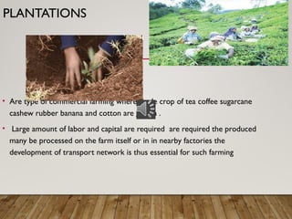 PLANTATIONS
• Are type of commercial farming where single crop of tea coffee sugarcane
cashew rubber banana and cotton are grown .
• Large amount of labor and capital are required are required the produced
many be processed on the farm itself or in in nearby factories the
development of transport network is thus essential for such farming
 
