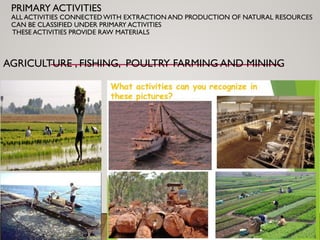 PRIMARY ACTIVITIES
ALL ACTIVITIES CONNECTED WITH EXTRACTION AND PRODUCTION OF NATURAL RESOURCES
CAN BE CLASSIFIED UNDER PRIMARY ACTIVITIES
THESE ACTIVITIES PROVIDE RAW MATERIALS
AGRICULTURE , FISHING, POULTRY FARMING AND MINING
 