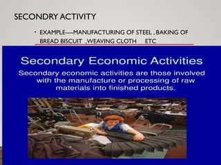 SECONDRY ACTIVITY
• EXAMPLE----MANUFACTURING OF STEEL , BAKING OF
BREAD BISCUIT ,WEAVING CLOTH ETC
 
