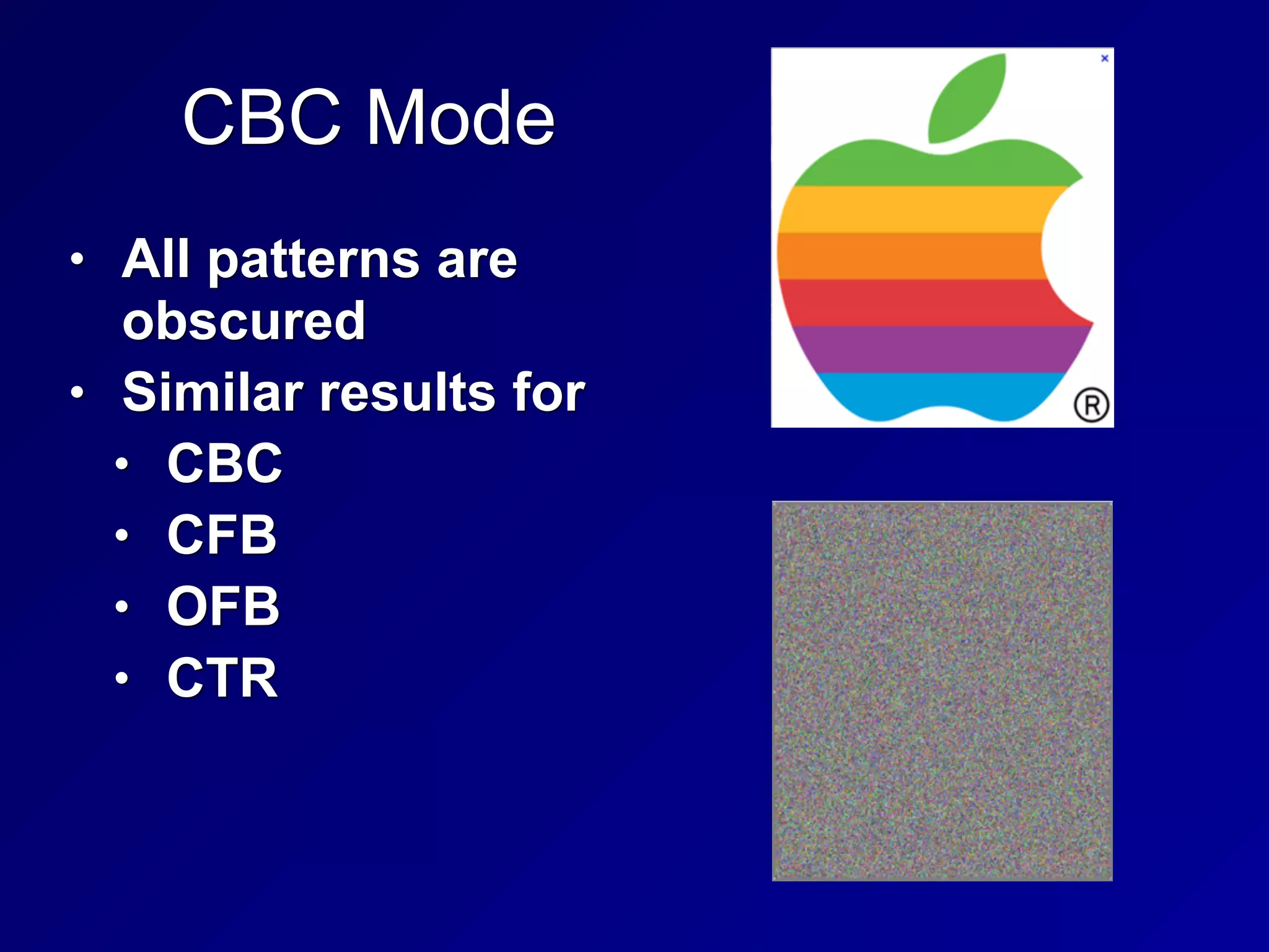 CBC Mode
• All patterns are
obscured
• Similar results for
• CBC
• CFB
• OFB
• CTR
 