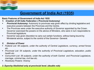 11
Government of India Act (1935)
Basic Features of Government of India Act 1935
1. Creation of All India Federation ( Provincial Autonomy)
 Provincial Autonomy: Autonomy to provinces was given effect by dividing legislative and
executive powers between the Provinces and the Centre.
 The Provinces were under the executive authority of Governor appointed by the Crown.
Governor exercised the powers on the advice of Ministers, who were in turn responsible to
Provincial legislature.
 Governor was given discretion to carry out certain functions, without being bound by
Ministerial advice, subject to the control of the Governor- General.
2. Division of Power
 Federal List: 59 subjects, under the authority of Central Legislature, currency, armed forces
etc.
 Provincial List: 54 subjects, under the authority of Provincial Legislature, education, public
health etc.
 Concurrent List: 36 subjects, under the authority of both Central and Provincial Legislature,
marriage, criminal law, civil law etc.
 Residuary Powers: Viceroy
3. Dyarchy Abolished only at provincial level. (double rule)
 