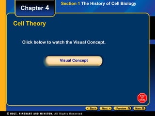 Chapter 4 
Click below to watch the Visual Concept. 
Visual Concept 
Cell Theory 
Section 1 The History of Cell Biology 
 