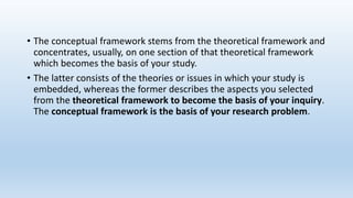 • The conceptual framework stems from the theoretical framework and
concentrates, usually, on one section of that theoretical framework
which becomes the basis of your study.
• The latter consists of the theories or issues in which your study is
embedded, whereas the former describes the aspects you selected
from the theoretical framework to become the basis of your inquiry.
The conceptual framework is the basis of your research problem.
 