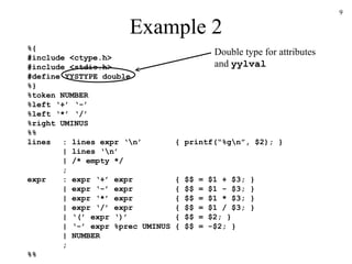 Example 2 %{ #include <ctype.h> #include <stdio.h> #define YYSTYPE double %} %token NUMBER %left ‘+’ ‘-’ %left ‘*’ ‘/’ %right UMINUS %% lines : lines expr ‘\n’  { printf(“%g\n”, $2); } | lines ‘\n’ | /* empty */ ; expr : expr ‘+’ expr  { $$ = $1 + $3; } | expr ‘-’ expr  { $$ = $1 - $3; } | expr ‘*’ expr  { $$ = $1 * $3; } | expr ‘/’ expr  { $$ = $1 / $3; } | ‘(’ expr ‘)’  { $$ = $2; } | ‘-’ expr %prec UMINUS { $$ = -$2; } | NUMBER ; %% Double type for attributes and  yylval 