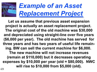 2-23
Example of an Asset
Replacement Project
Let us assume that previous asset expansion
project is actually an asset replacement project.
The original cost of the old machine was $30,000
and depreciated using straight-line over five years
($6,000 per year). The old machine has served for
three years and has two years of useful life remain-
ing. BW can sell the current machine for $6,000.
The new machine will not increase revenues
(remain at $110,000) but it decreases operating
expenses by $10,000 per year (old = $80,000). NWC
will rise to $10,000 from $5,000 (old).
 