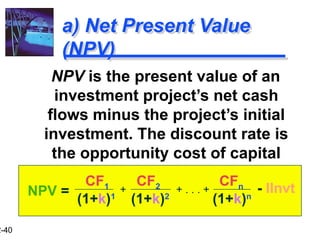 2-40
a) Net Present Value
(NPV)
NPV is the present value of an
investment project’s net cash
flows minus the project’s initial
investment. The discount rate is
the opportunity cost of capital
CF1 CF2 CFn
(1+k)1
(1+k)2
(1+k)n
+ . . . +
+ - IInvt
NPV =
 