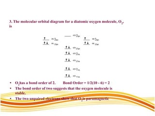 3. The molecular orbital diagram for a diatomic oxygen molecule, O2
,
is
• O2
has a bond order of 2. Bond Order = 1/2(10 - 6) = 2
• The bond order of two suggests that the oxygen molecule is
stable.
• The two unpaired electrons show that O2
is paramagnetic
 