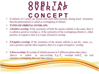 O R B I T A L
O V E R L A P
C O N C E P T
• If orbitals of 2 atoms are mixed with each other partially during bond formation,
then the phenomenon is called as overlapping of orbitals.
• TYPES OF ORBITAL OVERLAPS:
• 1.Positive overlap: If the symmetry of both the atomic orbitals is the same, then it
is called as positive overlap i.e. if the symmetry of the overlapping orbitals is either
positive, or negative, then it is a type of positive overlap.
• 2.Negative overlap: If the symmetry of the atomic orbitals is not the same, i.e.,
one is positive and the other negative, then it is a type of negative overlap.
• 3.Zero overlap: If overlap of orbitals present in 2 different planes takes place
,then it is called as zero overlap. E.g..Px
overlaps with Py
(in real
situation, overlapping does not takes place.)
 